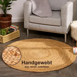 Teppich "Lola", beige (natur), H:10mm Ø:200cm, Jute, MYFLAIR MÖBEL & ACCESSOIRES, Teppiche, Juteteppich, Wendeteppich, handgeflochten, 100% Naturfaser, Boho-Style