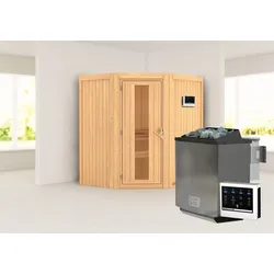 Sauna KARIBU "»Liyah« mit Energiespartür naturbelassen", beige (naturbelassen), Bio-Kombiofen, externe Steuerung, (ohne Ofen), Saunen, in verschiedenen Ausführungen erhältlich