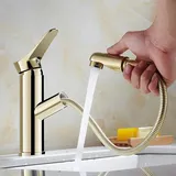 SXLSZ Messing, Wasserhahn ausziehbar, waschtischarmatur, Wasserhahn Bad mit zugstange, waschtischarmatur warmen und kalten, ausziehbar- Gold_