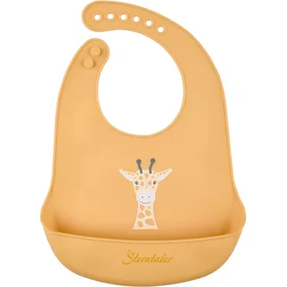 Sterntaler Silikon Lätzchen Giraffe Kaya – Lebensmittelecht – Abwischbar & spülmaschinengeeignet – Mit Auffangfach für weniger Essensreste – Verstellbar für Babys & Kleinkinder, ocker