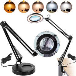 VEVOR 64 LED Lupenleuchte Lupenlampe Arbeitsleuchte mit Ständer Arbeitsplatzlampe Tischlampe 5xVergrößerung, 5-Farben-Dimmung, 110mm Glaslinse, Smart-Head-Touch-Control Ideal zum Arbeiten Lernen Lesen