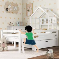 XDOVET Jugendbett Hausbett Kinderbett mit Leiter und Schubladen, inkl. Lattenrost, Hochbett Massivholz mit Rausfallschutz 90x200cm Weiß Ohne Matratze - Weiß