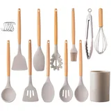 Küchenhelfer-Set 12-teilig Silikon-Kochutensilien-Set mit Holzgriff, hitzebeständig antihaftbeschichtet Kochgeschirr Zange Spatel Löffel-Set spülmaschinenfest beste Küchenutensilien mit (Beige)