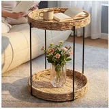 doporro Beistelltisch rund, Couchtisch klein Ø37 x H55 cm, Kleiner Tisch mit 2 geflochtenen Ablagen aus natürlichem Papierseil für Wohnzimmer, Schlafzimmer und Balkon, Nachttisch Schwarz Reglo-08