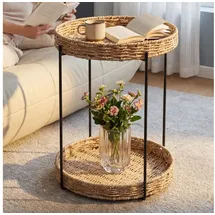 doporro Beistelltisch rund, Couchtisch klein Ø37 x H55 cm, Kleiner Tisch mit 2 geflochtenen Ablagen aus natürlichem Papierseil für Wohnzimmer, Schlafzimmer und Balkon, Nachttisch Schwarz Reglo-08
