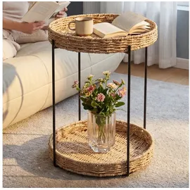 doporro Beistelltisch rund, Couchtisch klein Ø37 x H55 cm, Kleiner Tisch mit 2 geflochtenen Ablagen aus natürlichem Papierseil für Wohnzimmer, Schlafzimmer und Balkon, Nachttisch Schwarz Reglo-08