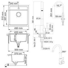 Bergström Spülbecken Schwarz, 49 x 50 cm mit Armatur Schwarz