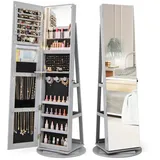 COSTWAY Schmuckschrank mit Ganzkörperspiegel & LED stehend, drehbar, abschließbar grau