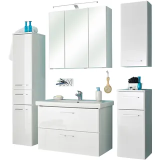 Saphir »Quickset 316 5-teilig, inkl. Keramik-Waschtisch und LED-Spiegelschrank«, (Set, 5 St.), mit Türdämpfern in Weiß Hochglanz, 7 Türen, 3 Schubladen, 1 Klappe, weiß