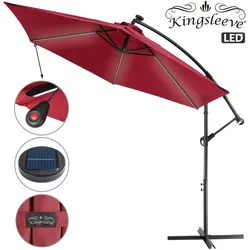 Kingsleeve Sonnenschirm 330 cm 24 LED Beleuchtung UV Schutz 30+ Solar Kurbel Neigbar Ampelschirm rot