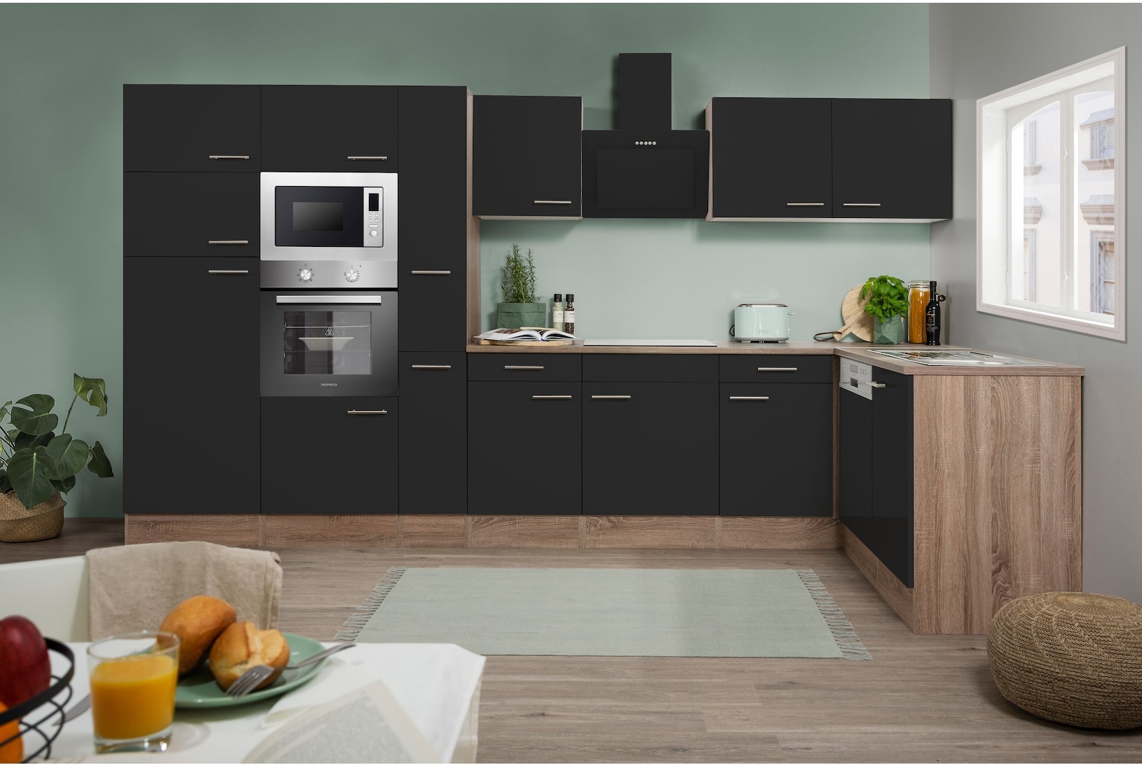 Respekta Küchenprogramm Eiche York Winkelküche 370 cm inkl. E-Geräte & Mineralite Einbauspüle, schwarz
