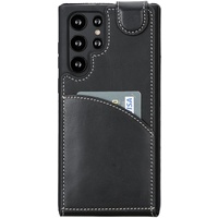 Burkley Leder Flip Case für Samsung Galaxy S22 Ultra Handyhülle Handytasche mit 360° Schutz und Kartenfach (Schwarz)