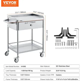 Vevor Zweistöckiger Laborwagen Gerätewagen Servierwagen Edelstahl Abräumwagen mit Schubladen 100 kg Tragfähigkeit, 710 x 421 x 785 mm (mit Griff) Labor Rollwagen