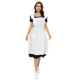 LilMents Lange Midi-Schürze mit Rüschen, verstellbar, mit Taschen, Größe S bis Übergröße Damen (weiß)