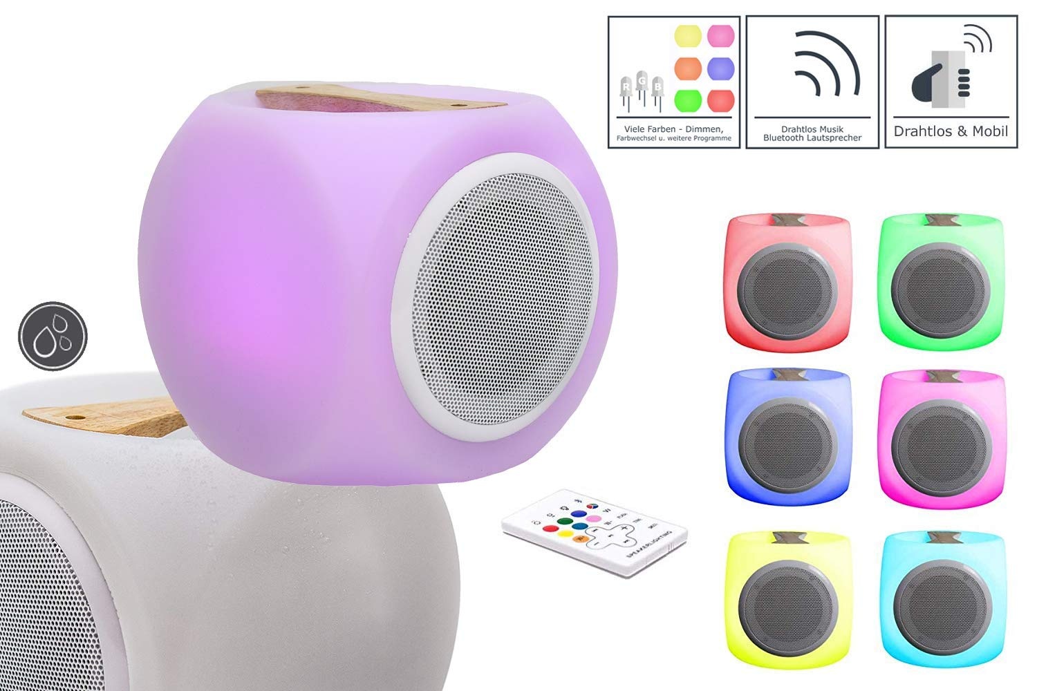 7even LED-Tischleuchte mit Bluetooth Lautsprecher Speaker mit Farbwechsel | LED Musikbox + infrarot Fernbedienung | mit hochwertigem Holzgriff und Akku...