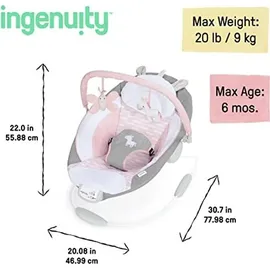 Ingenuity Ingenuity, Babywippe mit Vibration und Melodien, Flora the Unicorn - abnehmbare spielbogen, gepolsterter Kopfstütze, Sicherheitsgurt, Babysitz ,Lautstärkeregler, grau / rosa,