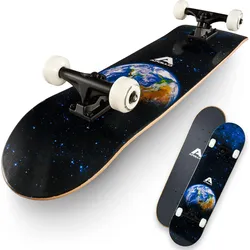 Skateboard 31.5 Zoll 7-lagiges Deck mit ABEC 7 Kugellagern SCHWARZ|BLAU 31