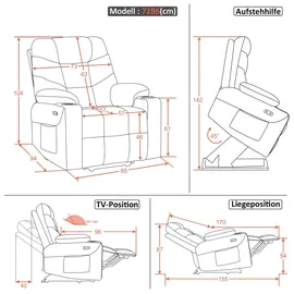 MCombo Fernsehsessel 7286 Stoff 85 x 104 x 94 cm Dunkelgrau elektrisch mit Aufstehhilfe