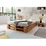 Lermowood Palettenbett M2 160 x 200 cm mit Lattenrost und 2 BettkästenGeflammt Holzbett Massivholzbett Bett aus Paletten Seniorenbett Kinderbett J... - Weiß/Grau/Braun