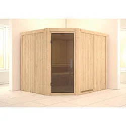Karibu Sauna Malin mit Eckeinstieg 68 mm-Ohne Ofen-ohne Dachkranz-Ganzglastür in Graphit-Optik inkl. gratis Saunaofen im Wert von 599,99 €