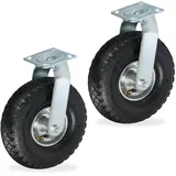 Relaxdays 2x Lenkrolle luftbereift, 3.00-4, Schwerlastrollen, Platte zum Anschrauben, bis 240 kg, schwarz/silber