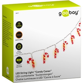 goobay 58117 10er LED-Lichterkette Zuckerstangen Lichterkette, Zuckerstäbe, Candy Cane Weihnachtsbeleuchtung, warm-weiß leuchtend, Timerfunktion, rot, weiß,