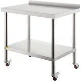 Vevor Arbeitstisch Edelstahl, Edelstahltisch mit Höhenverstellbarer Ablage, Küchentisch mit 4 Universalräder und Aufkantung 91,4 x 61 x 89 cm