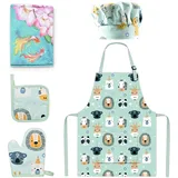 Pipoobear Kinderschürze Backset für 2-6 Jahre, 4-Teiliges Set mit Schürze, Kochmütze, Ofenhandschuhe, Matte aus Baumwolle für Malerei, Kochen, Backen in der Küche - S