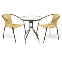 Bistroset Balkonset beige Sitzgarnitur aus Glastisch + Bistrostuhl Poly-Rattan
