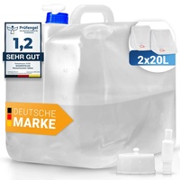 WASSERFELD ® [2x20L Wasserkanister Faltbar inkl. auslaufsicherem Dosierhahn & Tragehenkel - Robuster Trinkwasserkanister mit Verschlussklappe - Auslaufsicherer Wasserbehälter