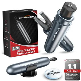 RETTUNGSENGEL® 2in1 Notfallhammer Auto mit Gurtschneider und Glasbrecher fürs Auto | inkl. Übungsglas| Nothammer Auto Gurtmesser im Notfall | autoscheiben zertrümmerer | federkörner mit gurtschneider
