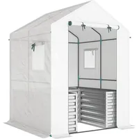 Outsunny Tomatengewächshaus Foliengewächshaus mit Hochbeet Rolltor Fenster Schrägdach 141 x 141 x 190 cm Stabil Treibhaus mit PE-Folie Tomatenhaus Gewächshaus für Garten, Balkon, Terrasse Weiß   Aosom