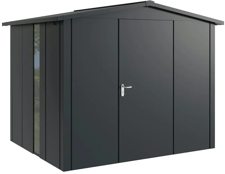 Hörmann Metall-Gerätehaus Juno JSD mit Satteldach B 262 x T 214 cm (JSD 9) mit bodentiefem Glaselement Motiv Design (mit breiten Lamellen) Einzeltür Türanschlag rechts Anthrazitgrau (RAL 7016)