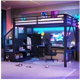 STILVORA Hochbett 140×200 mit Matratze und Kleiderschrank Jugendbett Metallbett mit LED (Metallrahmen mit Stauraumtreppe, LED-Licht und Aufbewahrung, Bluetooth-LED, Schutzgitter, Kleiderstange und Staufächer) Für Schlafzimmer, Jugendzimmer und kleine Wohnräume geeignet