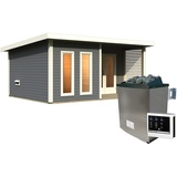 Karibu Saunahaus Mainburg 5 mit Vorraum - 38 mm terragrau Set C (Sauna B 1,34 x T 1,34 m mit 2 Liegen 57/52 cm) 9 kW Ofen inkl. Steuergerät
