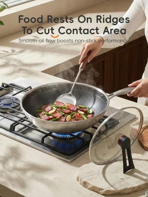 PURECOOK Wok mit Antihaftbeschichtung – kein Teflon, Edelstahl mit Antihaftbeschichtung, Wokpfanne mit Deckel, geringerer Rauch – Küchenutensilien, Kochen, Braten – kompatibel mit Gas/Induktion/Elektro, 32 cm