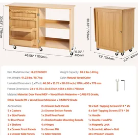 Vevor klappbarer Nähtisch Mehrzweck Nähmaschinentisch mit Rädern & Regalen & Ablagefächern & Holzstiften & magnetischen Türen, Nähmaschine Holzfarbe faltbar (1170 x 400 x 778 mm)