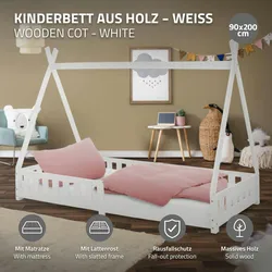 Kinderbett + Matratze Rausfallschutz Tipi Holzbett Bett Weiß 90x200 cm