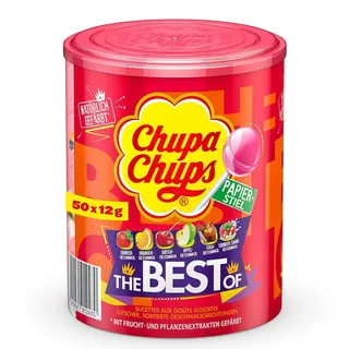 Chupa Chups Best of Lutscher-Dose, enthält 50 Lollis in 7 Geschmacksrichtungen Cola, Apfel, Erdbeere und weitere, Aufbewahrungs-Dose, ideal für Geburtstag & Weihnachten, 50 x 12g