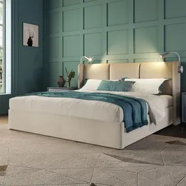 XDOVET Polsterbett Doppelbett(140x200,Beige)Stauraum Bettkasten Leselicht mit Ladefunktion Kopfteil,Stauraumbetten Jugendbett mit lattenrost - Beige