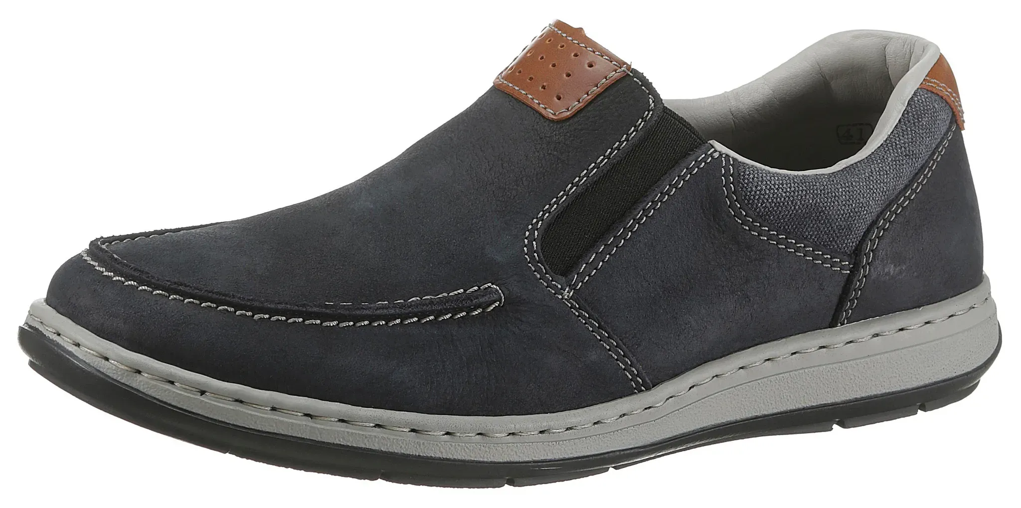 Slipper RIEKER Gr. 46, blau (navy braun), Herren, Leder, Schuhe, Halbschuh, Freizeitschuh, Schlupfschuh mit modischer Blattnaht