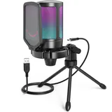 Fifine Gaming Mikrofon PC, USB Microphone für Streaming Podcast Studio, mit Mikrofon Ständer und Stummschalttaste, für PS4 PS5 Mac