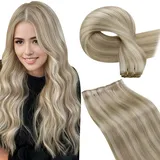 LaaVoo Tressen Echthaar Blond Haar Extensions Echthaar Tressen Aschblond Highlighted Hellblond Einheften Haarverlängerung Echthaar Glatt 100g #P18/613 40cm