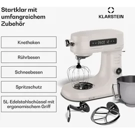 Klarstein Chiara Küchenmaschine – 5L Edelstahlschüssel, 12 Geschwindigkeiten, LCD-Touch-Display, Leise ≤72 dB, Spülmaschinenfestes Patisserie-Set, Aluminium-Druckgussgehäuse, Sand