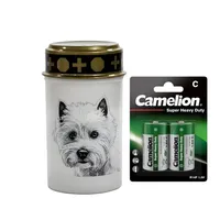 Fachhandel Plus Grabkerze LED Grablicht Hund Grablicht LED mit 2 LR14 Batterien Grabschmuck, Hunde Grabschmuck für ein würdiges Erinnerungslicht weiß