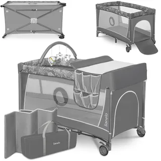 Reisebett Baby mit Seiteneingang, Wickeltisch, Zwei Matratzenaufhängungshöhen, Spielzeugbogen mit Spielfiguren, Rollen, Tragetasche