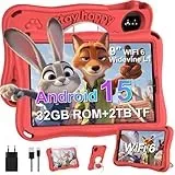 SUAAT Kinder Tablet 9 Zoll Android 15 mit 30GB ROM+TF 2TB, 5G WiFi, Octa-Core, Widevine L1, GPS, Face ID, Kindersicherung, 5000mAh,1340 * 800,BT 5.0, Kids Tablet mit Eva Case - Rot