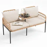 KOMFOTTEU 2-Sitzer Gartenbank aus PE-Rattan, Balkonbank mit Tisch aus Hartglas & ergonomischer Rückenlehne, inkl. Kissen, Sitzbank mit verstellbar... - Naturbelassen