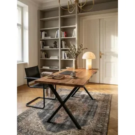 KADIMA DESIGN Bürotisch Massivholz Groß 160x80 Akazie Schreibtisch Goldbraun-Schwarz Baumkante Industrial Kreta Kollektion Kadima Design
