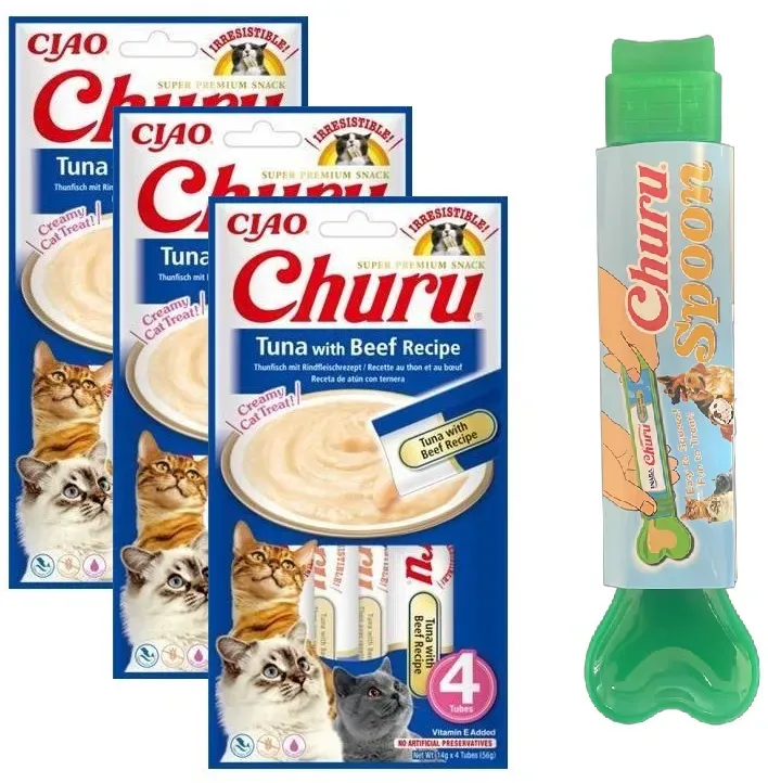 INABA Churu Katzenleckerli mit Thunfisch- und Rindfleischgeschmack 12x14g + Futterlöffel GRATIS! (Rabatt für Stammkunden 3%)